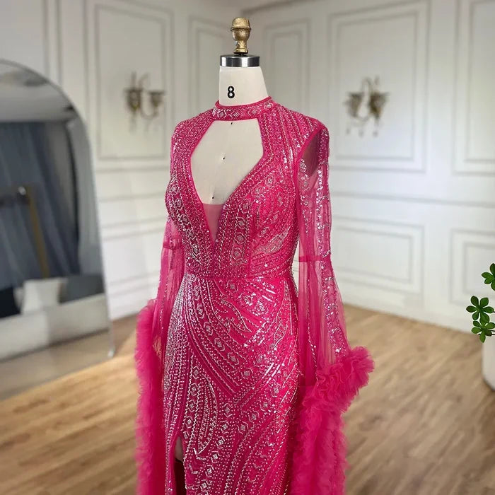 Serene Hill Arabic Luxury Fuchsia Evening Dress with Cape Sleeves LA72597 - SERENE HILL