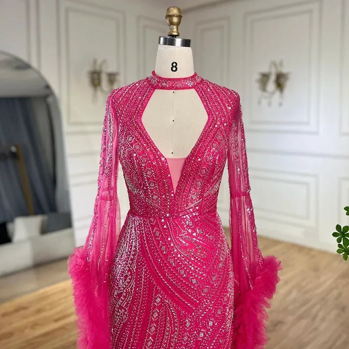 Serene Hill Arabic Luxury Fuchsia Evening Dress with Cape Sleeves LA72597 - SERENE HILL