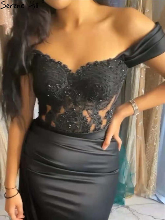 Serene Hill Black Beaded High Split Evening Dresses Gowns 2025 Mermaid Elegant Sexy For Women Party LA71461 - SERENE HILL