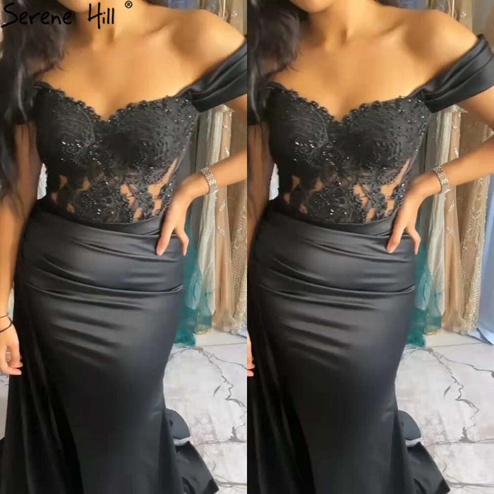 Serene Hill Black Beaded High Split Evening Dresses Gowns 2025 Mermaid Elegant Sexy For Women Party LA71461 - SERENE HILL