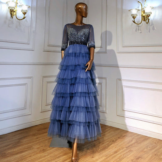 Serene Hill Blauw Tiered Rok Avond Jurken 2025 Kralen Half Mouwen A-lijn Voor Vrouwen Wedding Party LA71553 - SERENE HILL