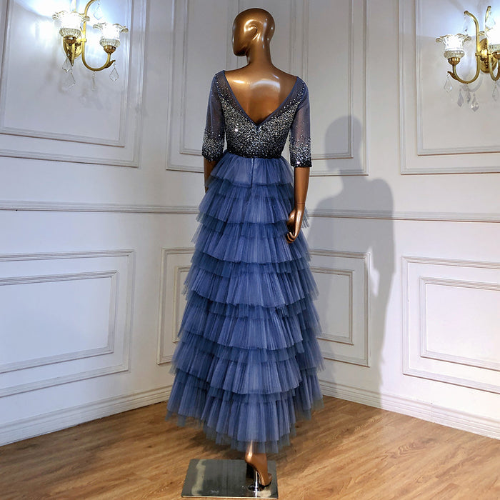 Serene Hill Blauw Tiered Rok Avond Jurken 2025 Kralen Half Mouwen A-lijn Voor Vrouwen Wedding Party LA71553 - SERENE HILL