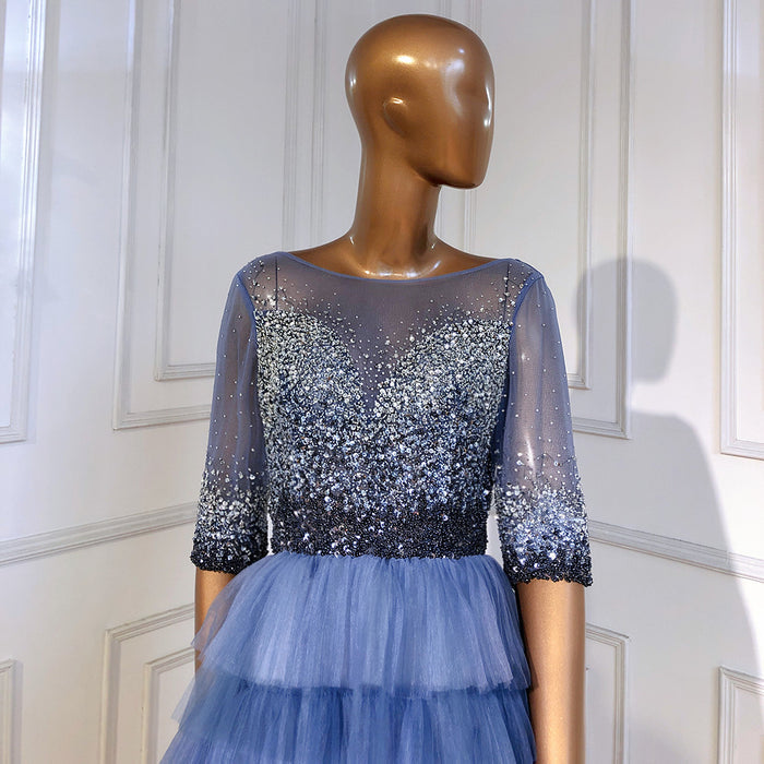 Serene Hill Blauw Tiered Rok Avond Jurken 2025 Kralen Half Mouwen A-lijn Voor Vrouwen Wedding Party LA71553 - SERENE HILL