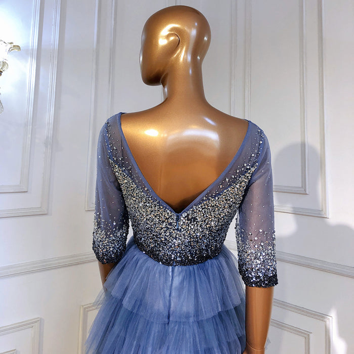 Serene Hill Blauw Tiered Rok Avond Jurken 2025 Kralen Half Mouwen A-lijn Voor Vrouwen Wedding Party LA71553 - SERENE HILL