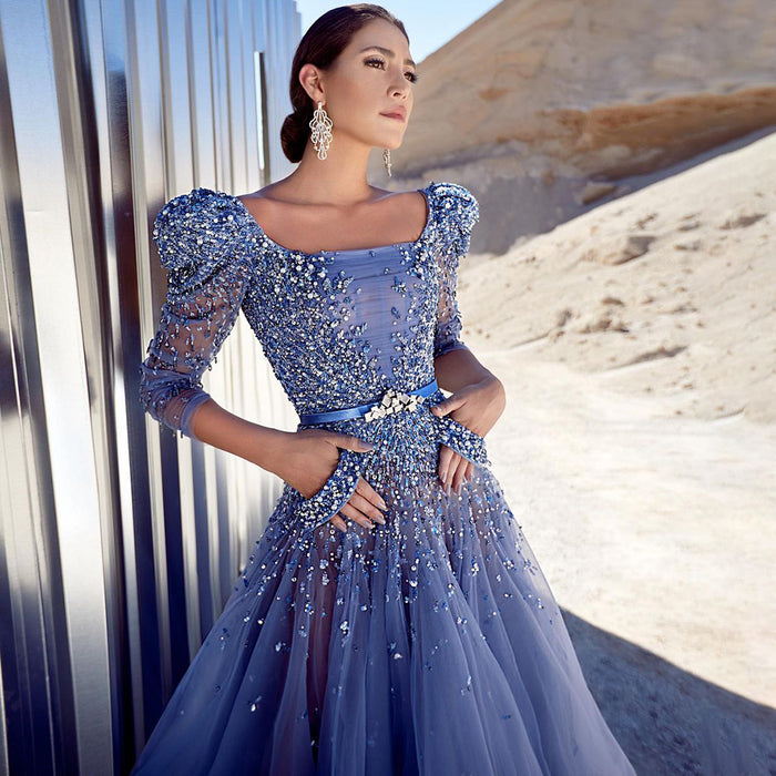 Serene Hill Blue A-Line Luxury Evening Dresses Gowns 2025 Beaded Ankle Length For Women Party LA71631 - SERENE HILL