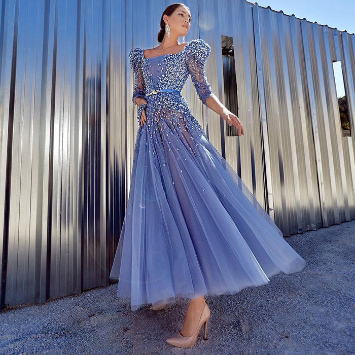 Serene Hill Blue A-Line Luxury Evening Dresses Gowns 2025 Beaded Ankle Length For Women Party LA71631 - SERENE HILL