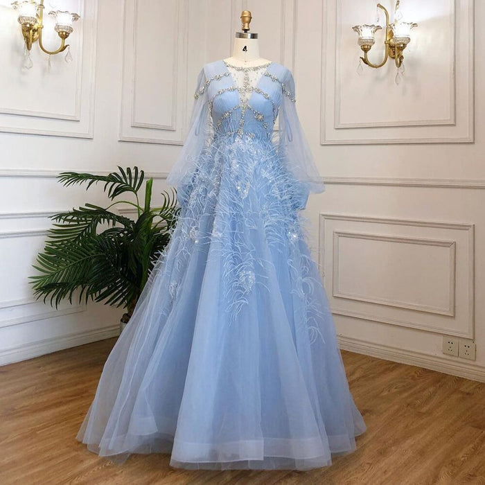 Serene Hill Blue A-Line Luxury Evening Dresses Gowns Long 2025 Beaded Feather For Women Party LA71495 - SERENE HILL