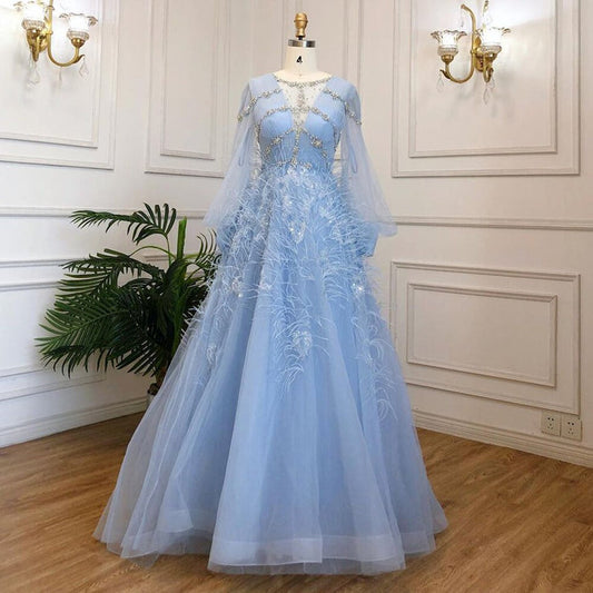 Serene Hill Blue A-Line Luxury Evening Dresses Gowns Long 2025 Beaded Feather For Women Party LA71495 - SERENE HILL