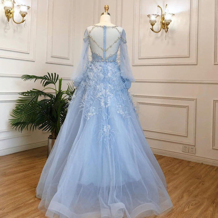 Serene Hill Blue A-Line Luxury Evening Dresses Gowns Long 2025 Beaded Feather For Women Party LA71495 - SERENE HILL