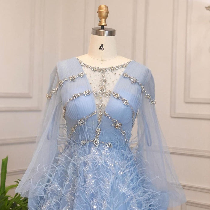 Serene Hill Blue A-Line Luxury Evening Dresses Gowns Long 2025 Beaded Feather For Women Party LA71495 - SERENE HILL