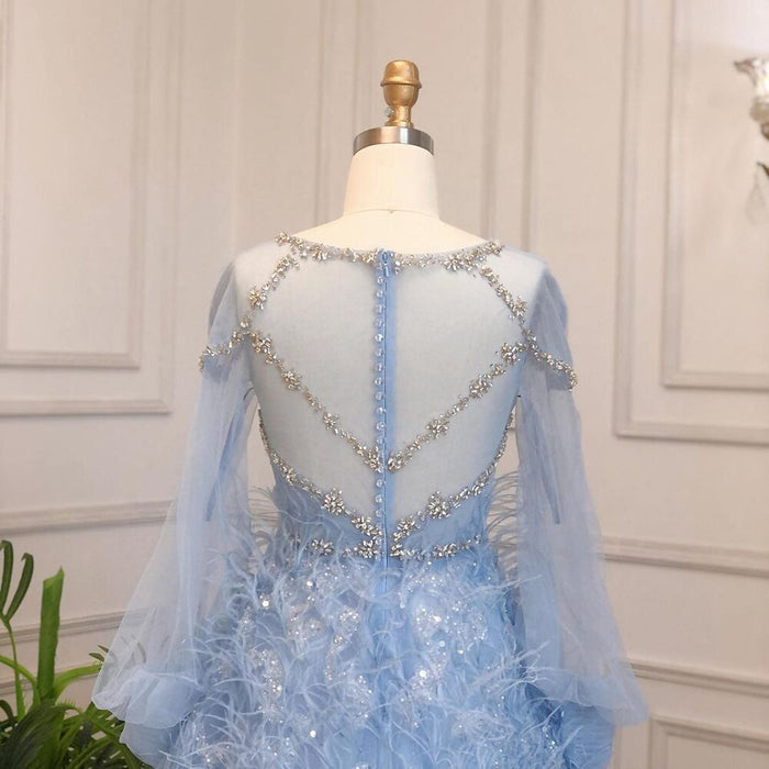Serene Hill Blue A-Line Luxury Evening Dresses Gowns Long 2025 Beaded Feather For Women Party LA71495 - SERENE HILL