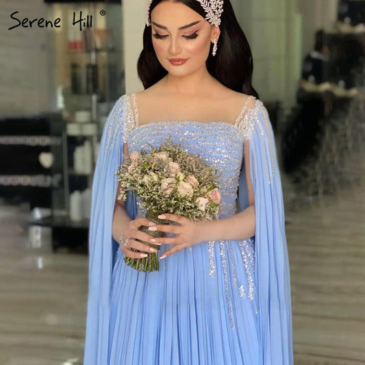 Serene Hill Blue Cape Sleeves Evening Dresses Gowns 2025 Beaded A-Line Chiffon For Women Party LA71319 - SERENE HILL