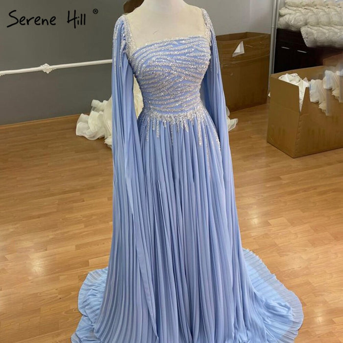 Serene Hill Blue Cape Sleeves Evening Dresses Gowns 2025 Beaded A-Line Chiffon For Women Party LA71319 - SERENE HILL