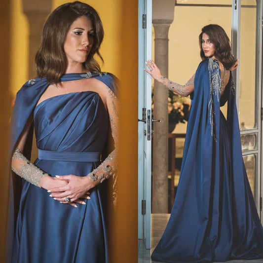 Serene Hill Blue Cape Sleeves Evening Dresses Gowns 2025 Beaded Satin Sexy A-Line For Woman Party LA71215 - SERENE HILL
