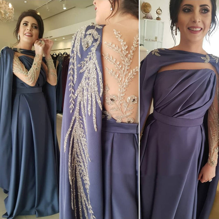 Serene Hill Blue Cape Sleeves Evening Dresses Gowns 2025 Beaded Satin Sexy A-Line For Woman Party LA71215 - SERENE HILL