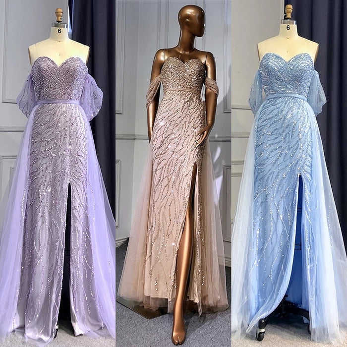 Serene Hill Blue High Split Mermaid Evening Dresses Gowns 2025 Beaded Elegant Luxury For Woman Party LA71595 - SERENE HILL