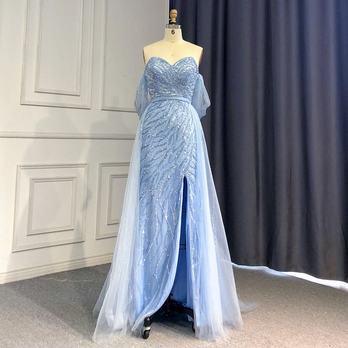 Serene Hill Blue High Split Mermaid Evening Dresses Gowns 2025 Beaded Elegant Luxury For Woman Party LA71595 - SERENE HILL
