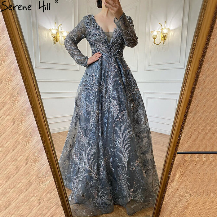 Serene Hill Blue Lace Beaded Evening Dresses Gowns 2025 A-Line Luxury For Woman Wedding Party LA71249 - SERENE HILL