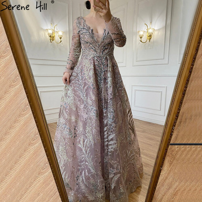 Serene Hill Blue Lace Beaded Evening Dresses Gowns 2025 A-Line Luxury For Woman Wedding Party LA71249 - SERENE HILL