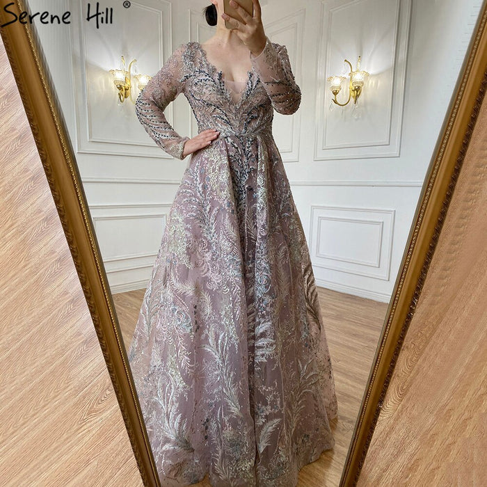 Serene Hill Blue Lace Beaded Evening Dresses Gowns 2025 A-Line Luxury For Woman Wedding Party LA71249 - SERENE HILL