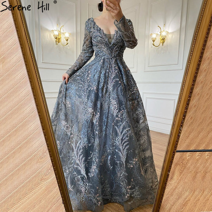 Serene Hill Blue Lace Beaded Evening Dresses Gowns 2025 A-Line Luxury For Woman Wedding Party LA71249 - SERENE HILL