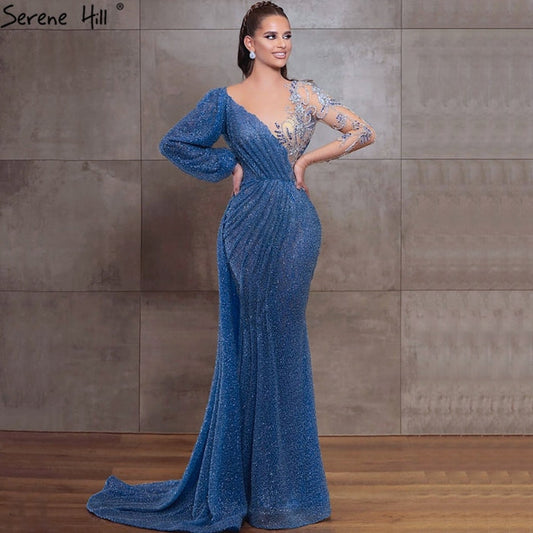 Serene Hill Blue Mermaid O-Neck Evening Gowns 2025 Dubai Long Sleeves Beading Sparkle Formal Dress LA70759 - SERENE HILL