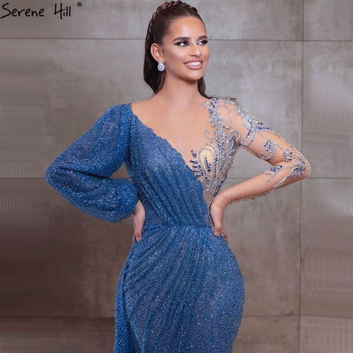 Serene Hill Blue Mermaid O-Neck Evening Gowns 2025 Dubai Long Sleeves Beading Sparkle Formal Dress LA70759 - SERENE HILL