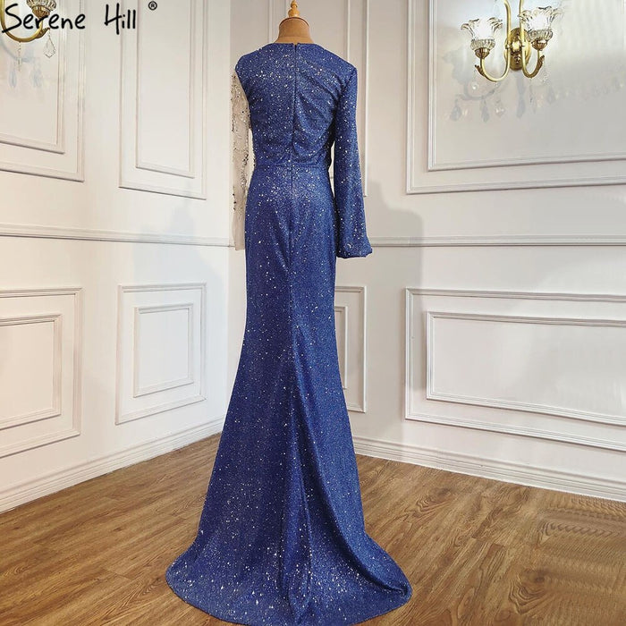 Serene Hill Blue Mermaid O-Neck Evening Gowns 2025 Dubai Long Sleeves Beading Sparkle Formal Dress LA70759 - SERENE HILL