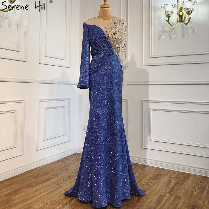 Serene Hill Blue Mermaid O-Neck Evening Gowns 2025 Dubai Long Sleeves Beading Sparkle Formal Dress LA70759 - SERENE HILL