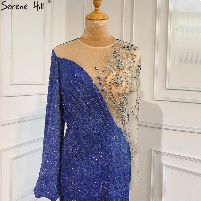 Serene Hill Blue Mermaid O-Neck Evening Gowns 2025 Dubai Long Sleeves Beading Sparkle Formal Dress LA70759 - SERENE HILL