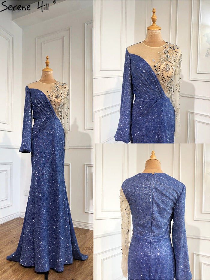 Serene Hill Blue Mermaid O-Neck Evening Gowns 2025 Dubai Long Sleeves Beading Sparkle Formal Dress LA70759 - SERENE HILL