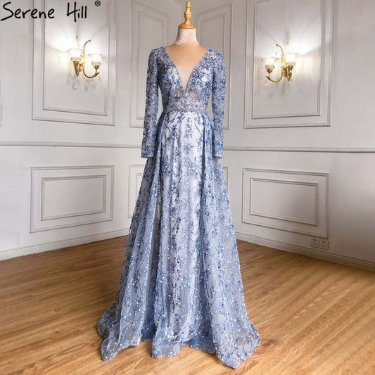 Serene Hill Blue Overskirt Mermaid Evening Dresses Gowns 2025 Luxury Beaded Elegant For Women Party LA71376 - SERENE HILL