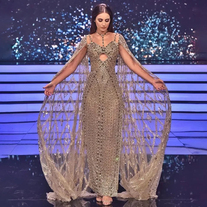 Serene Hill Caramel Cape Sleeves Mermaid Evening Dresses Luxury Beaded Party Gowns 2025 For Women LA72053 - SERENE HILL