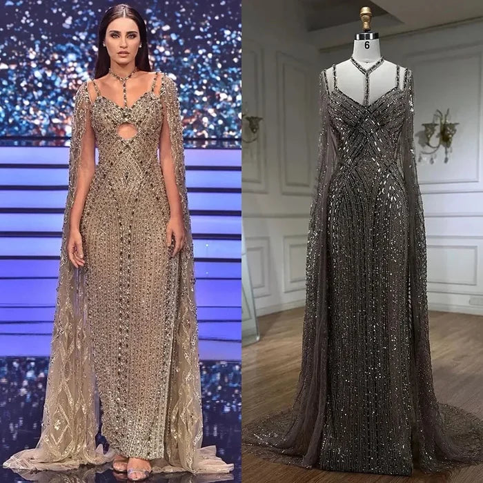 Serene Hill Caramel Cape Sleeves Mermaid Evening Dresses Luxury Beaded Party Gowns 2025 For Women LA72053 - SERENE HILL