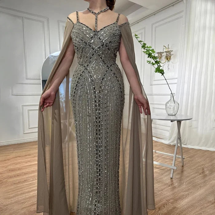Serene Hill Caramel Cape Sleeves Mermaid Evening Dresses Luxury Beaded Party Gowns 2025 For Women LA72053 - SERENE HILL