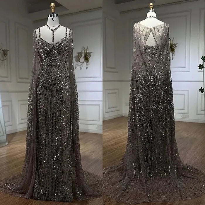 Serene Hill Caramel Cape Sleeves Mermaid Evening Dresses Luxury Beaded Party Gowns 2025 For Women LA72053 - SERENE HILL
