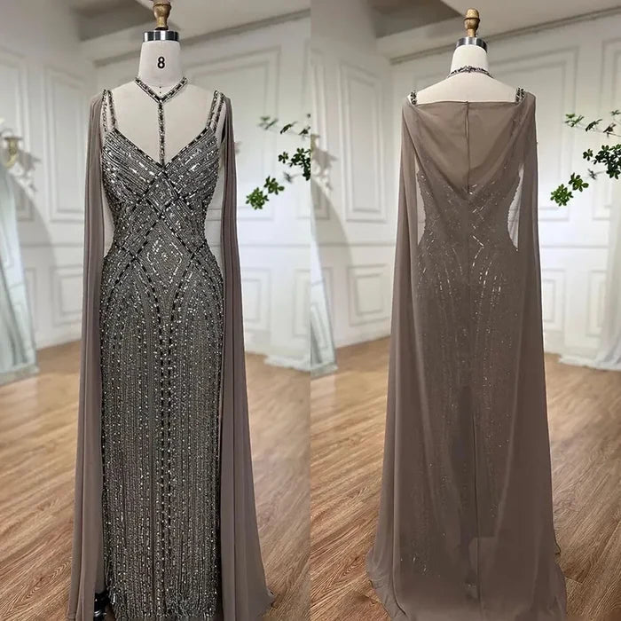 Serene Hill Caramel Cape Sleeves Mermaid Evening Dresses Luxury Beaded Party Gowns 2025 For Women LA72053 - SERENE HILL