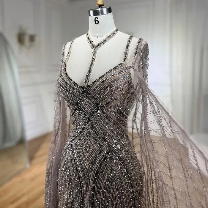 Serene Hill Caramel Cape Sleeves Mermaid Evening Dresses Luxury Beaded Party Gowns 2025 For Women LA72053 - SERENE HILL