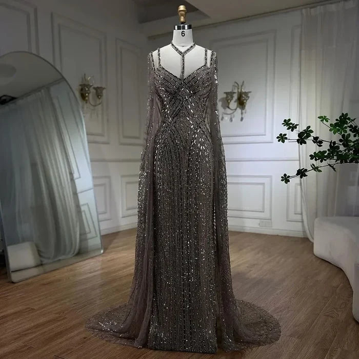 Serene Hill Caramel Cape Sleeves Mermaid Evening Dresses Luxury Beaded Party Gowns 2025 For Women LA72053 - SERENE HILL