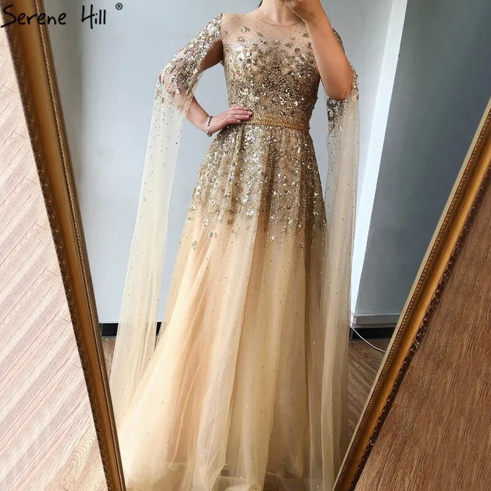 Serene Hill Dubai Arabic Gold Beaded Dubai Evening Dress With Cape Sleeves LA70454 - SERENE HILL