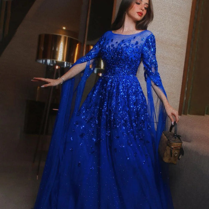 Serene Hill Dubai Arabic Gold Beaded Dubai Evening Dress With Cape Sleeves LA70454 - SERENE HILL