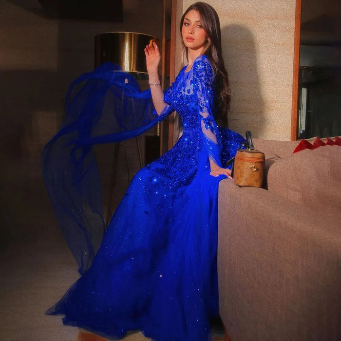Serene Hill Dubai Arabic Gold Beaded Dubai Evening Dress With Cape Sleeves LA70454 - SERENE HILL