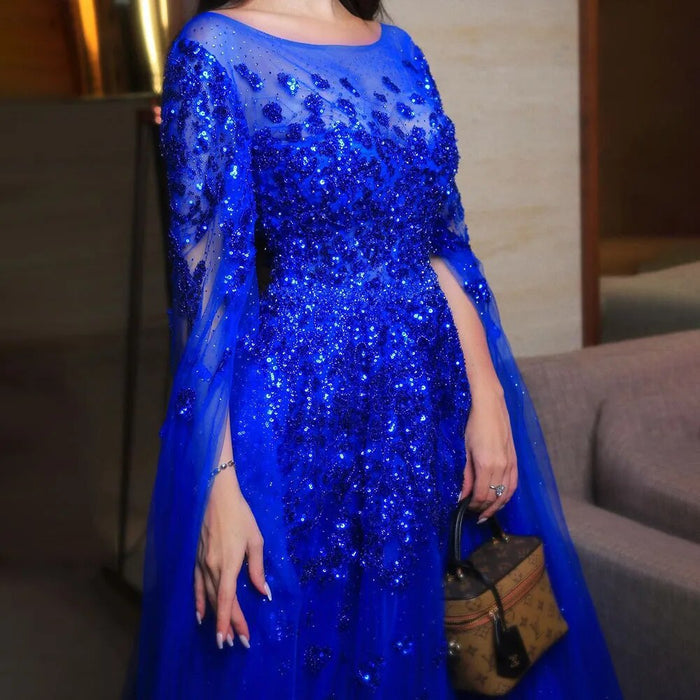 Serene Hill Dubai Arabic Gold Beaded Dubai Evening Dress With Cape Sleeves LA70454 - SERENE HILL