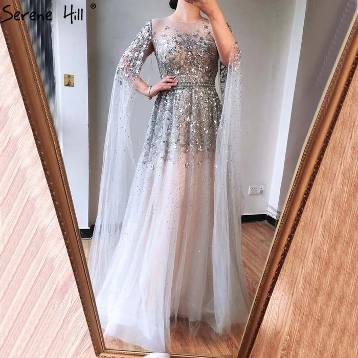 Serene Hill Dubai Arabic Gold Beaded Dubai Evening Dress With Cape Sleeves LA70454 - SERENE HILL