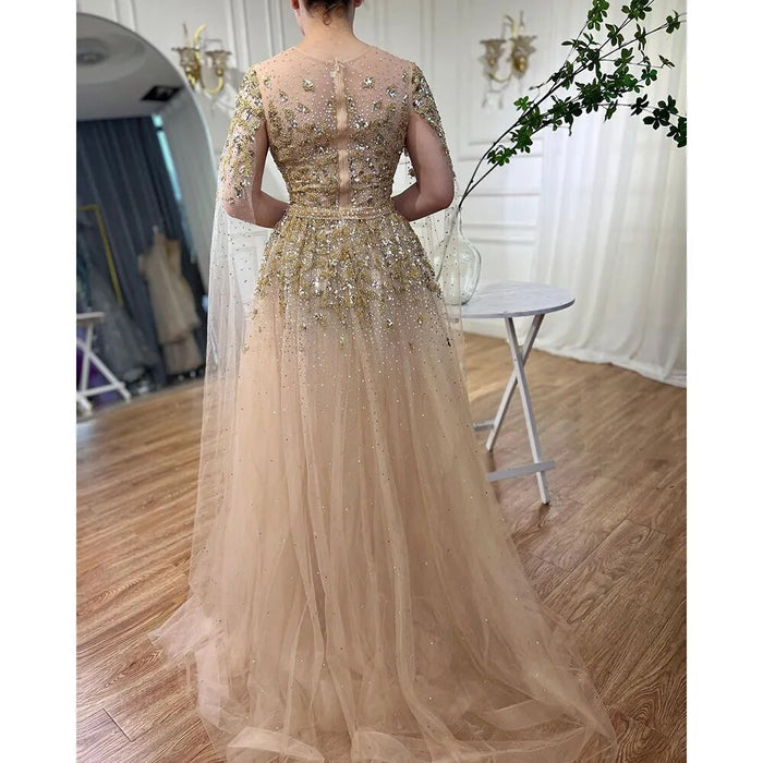 Serene Hill Dubai Arabic Gold Beaded Dubai Evening Dress With Cape Sleeves LA70454 - SERENE HILL