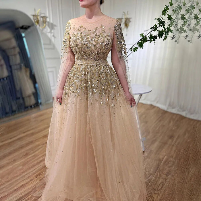 Serene Hill Dubai Arabic Gold Beaded Dubai Evening Dress With Cape Sleeves LA70454 - SERENE HILL