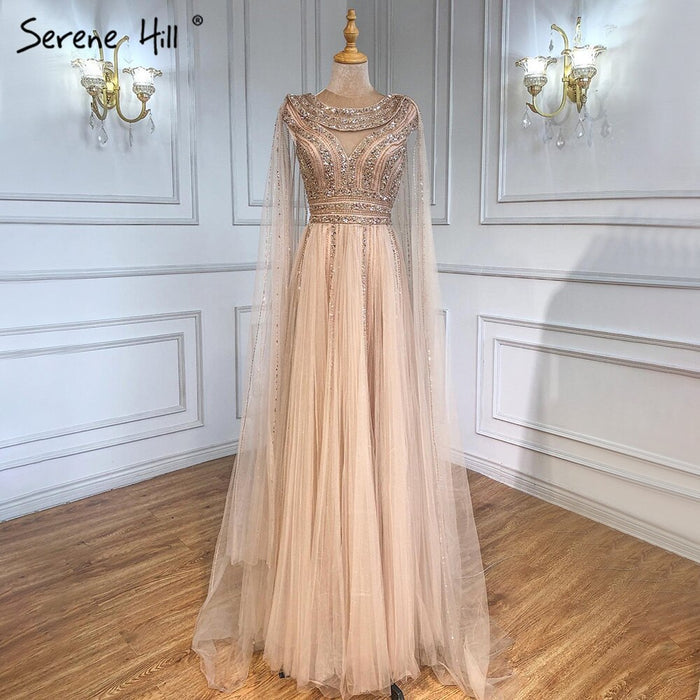 Serene Hill Gold Cape Sleeves A-Line Evening Dresses Gowns 2025 Luxury Beaded For Women Party LA71315 - SERENE HILL