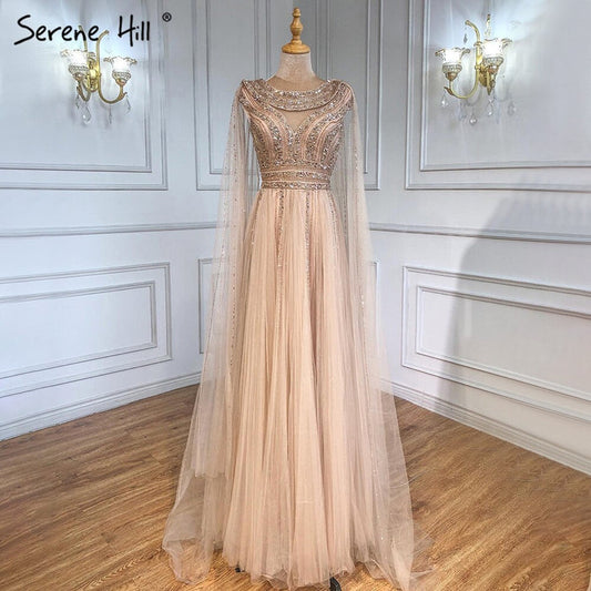 Serene Hill Gold Cape Sleeves A-Line Evening Dresses Gowns 2025 Luxury Beaded For Women Party LA71315 - SERENE HILL