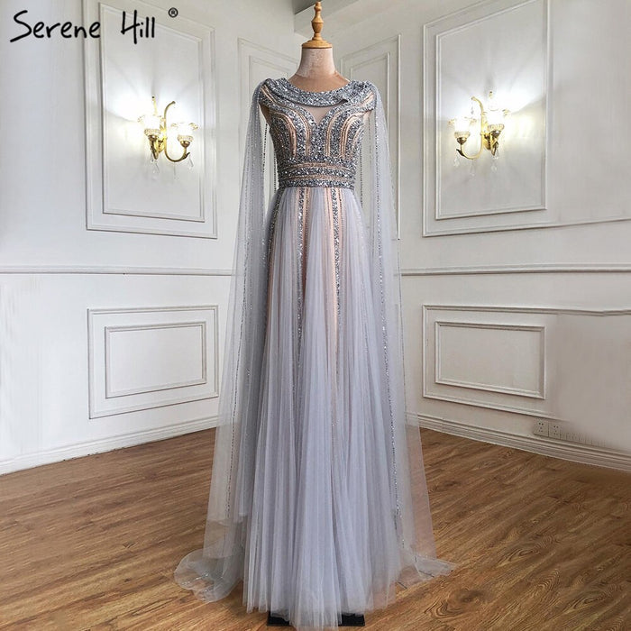 Serene Hill Gold Cape Sleeves A-Line Evening Dresses Gowns 2025 Luxury Beaded For Women Party LA71315 - SERENE HILL