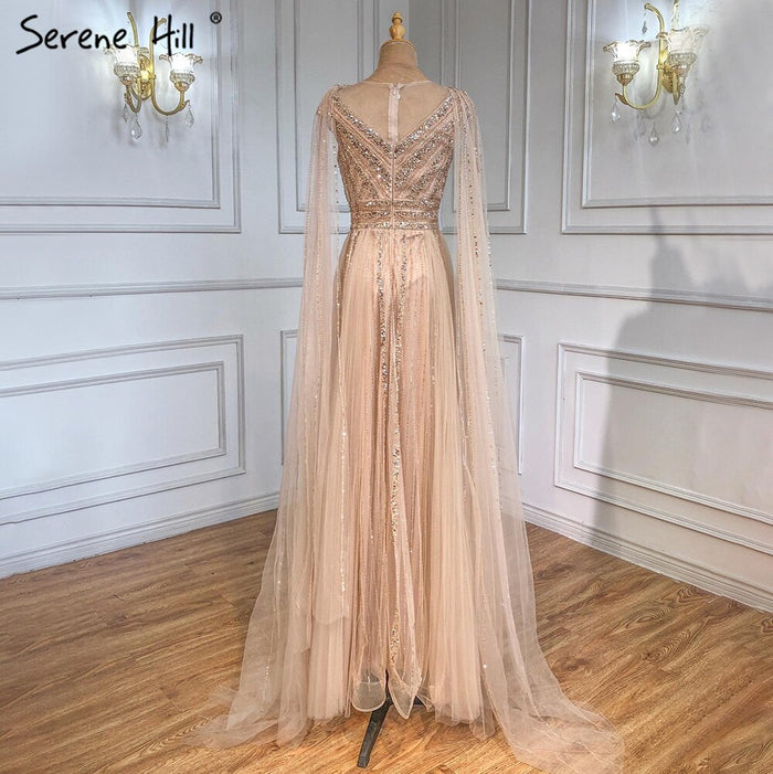 Serene Hill Gold Cape Sleeves A-Line Evening Dresses Gowns 2025 Luxury Beaded For Women Party LA71315 - SERENE HILL